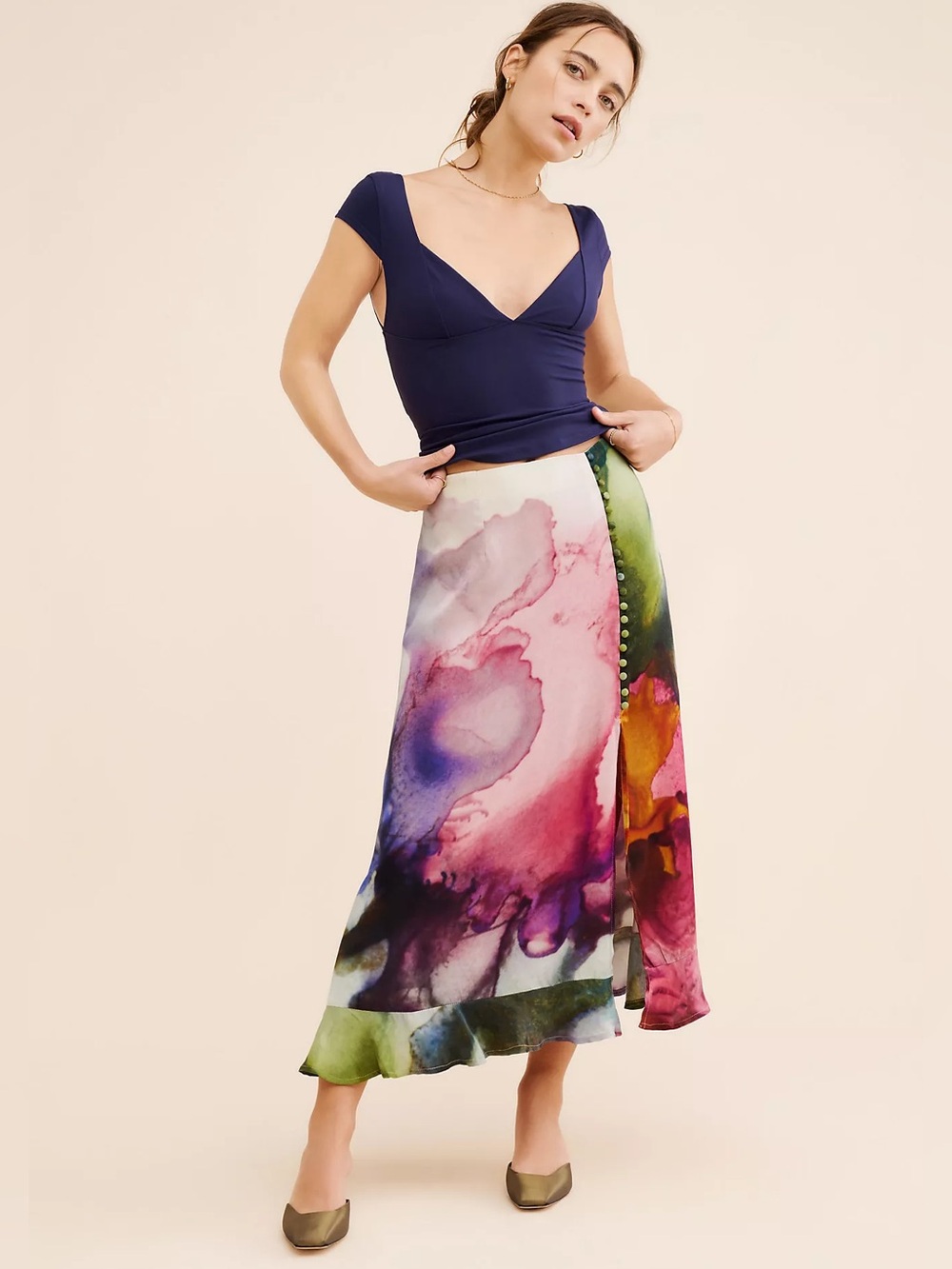 ANTHROPOLOGIE NWT M CONDITIONS APPLY Clania Watercolor Ruffle Trim Maxi Skirt - Picture 10 of 12